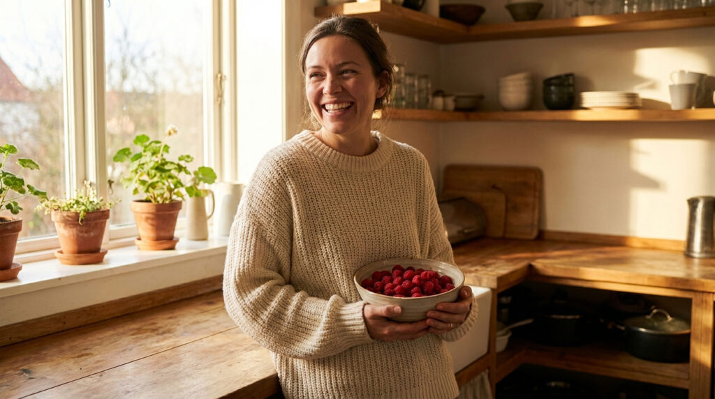 A woman in a cozy sweater smiles while holding a bowl of raspberries in a sunlit kitchen with plants.