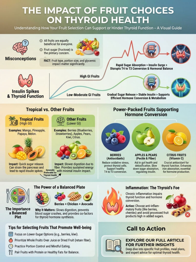 Infographic showing the impact of fruit choices on thyroid health, including fruit types, insulin effects, and dietary tips.