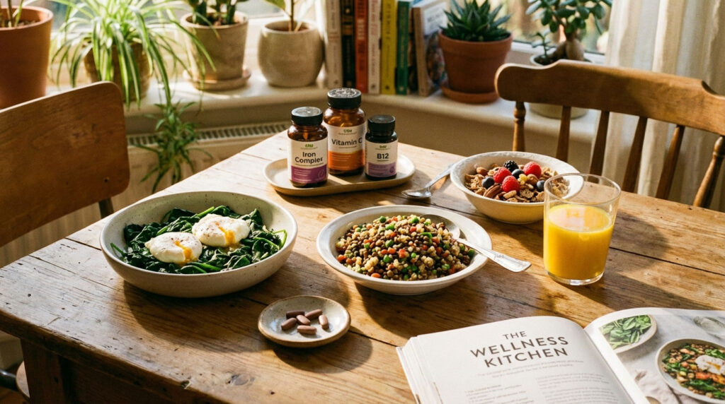 A wooden table displays a healthy breakfast with poached eggs, grains, nuts, and a glass of orange juice.