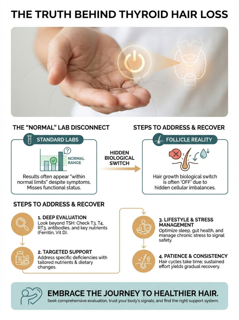 Hand holding hair strands with thyroid symbol; infographic on thyroid hair loss and recovery steps.