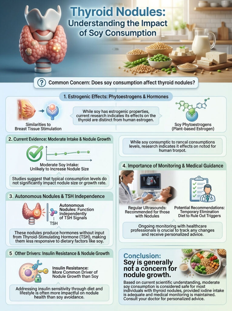 Infographic on thyroid nodules and soy consumption, detailing estrogenic effects, evidence, monitoring, and conclusions.