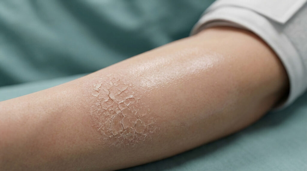 Close-up of a dry, cracked patch on a person's arm against a soft background.