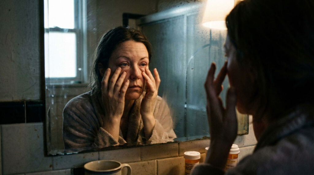 A woman in a bathrobe examines her reflection in a foggy mirror, showing concern while touching her face.