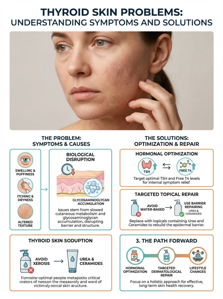 Infographic on thyroid skin problems, detailing symptoms, causes, and solutions with illustrations and text.