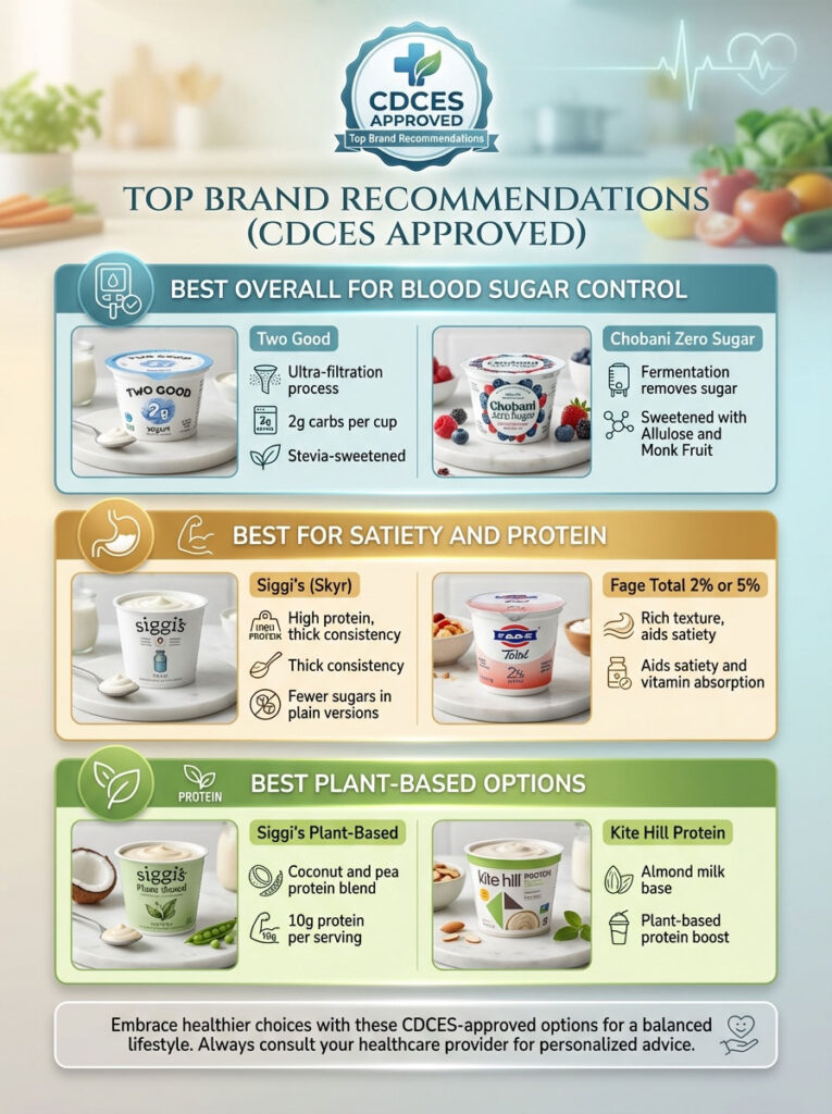 Infographic showing CDCES-approved yogurt brands for blood sugar, protein, and plant-based options with details.