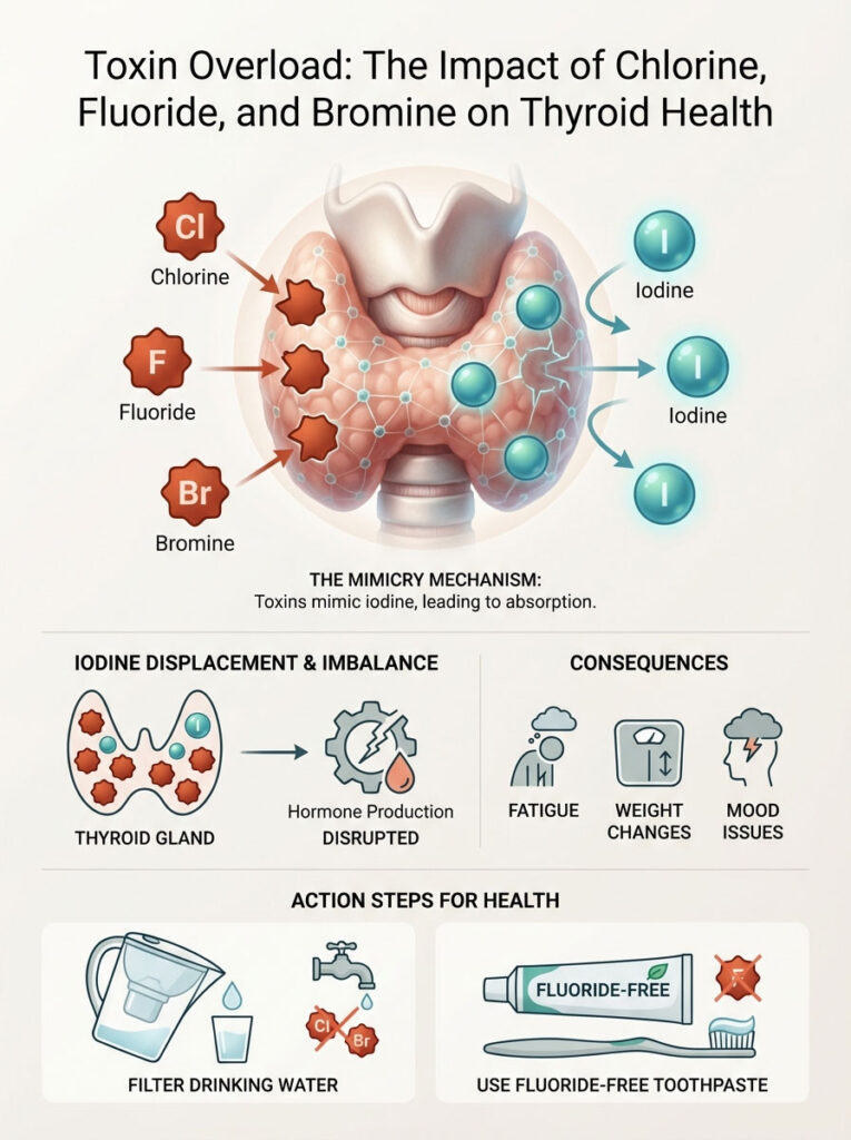 Infographic showing the impact of chlorine, fluoride, and bromine on thyroid health with illustrations and data points.