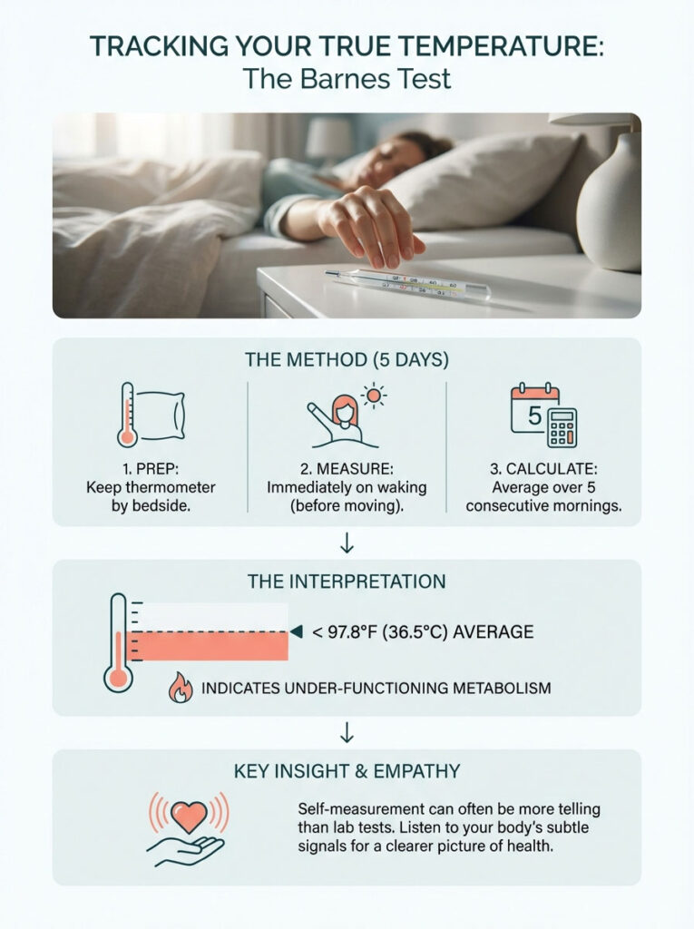 Infographic explaining the Barnes Test for tracking true temperature with a thermometer and key steps illustrated.