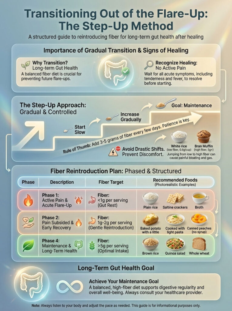 Infographic detailing the Step-Up Method for reintroducing fiber for gut health, with phases and food examples.