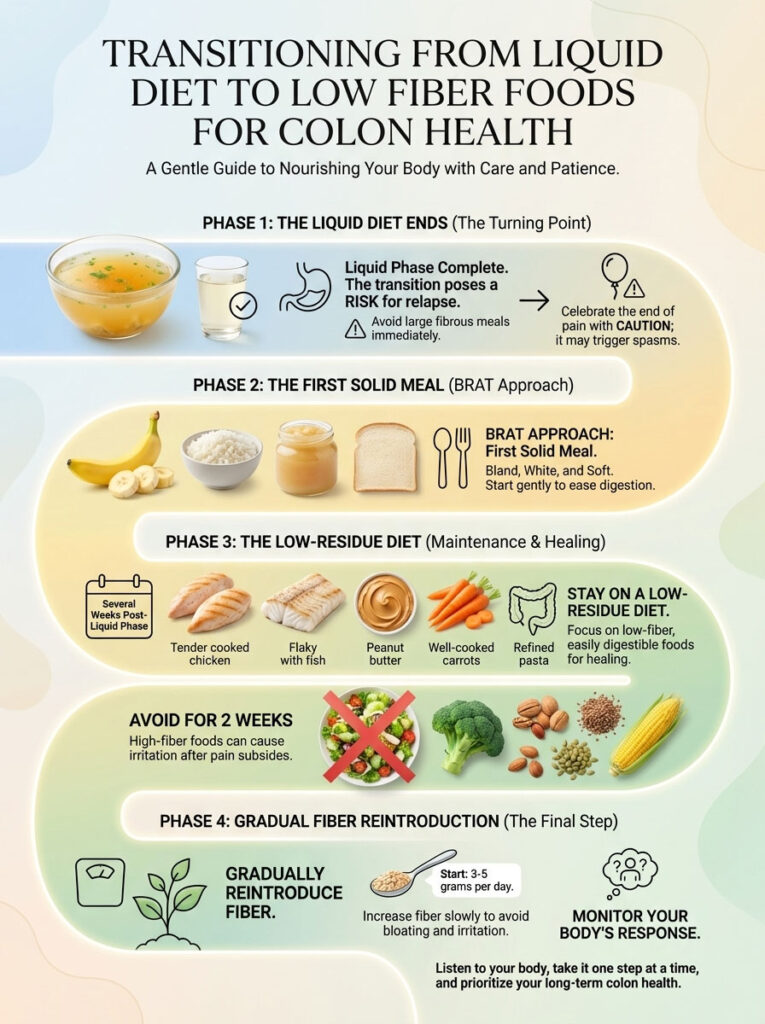 Infographic detailing phases of transitioning from liquid diet to low fiber foods for colon health, with illustrations and text.