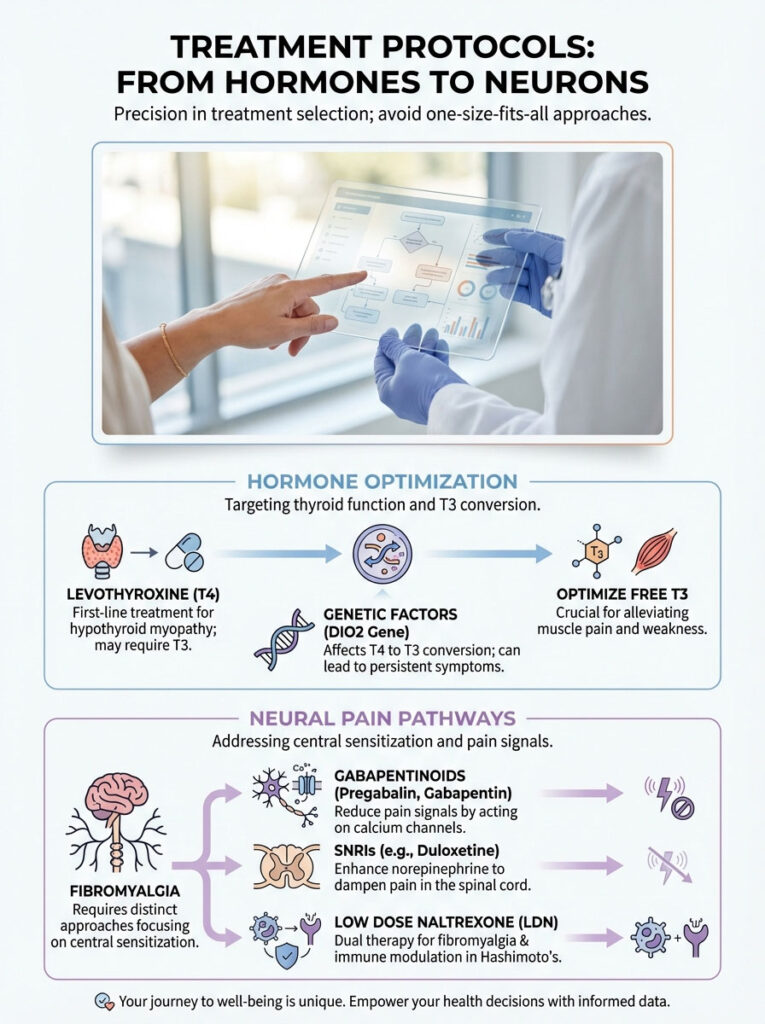 Infographic detailing treatment protocols from hormones to neurons, with charts on hormone optimization and neural pain pathways.