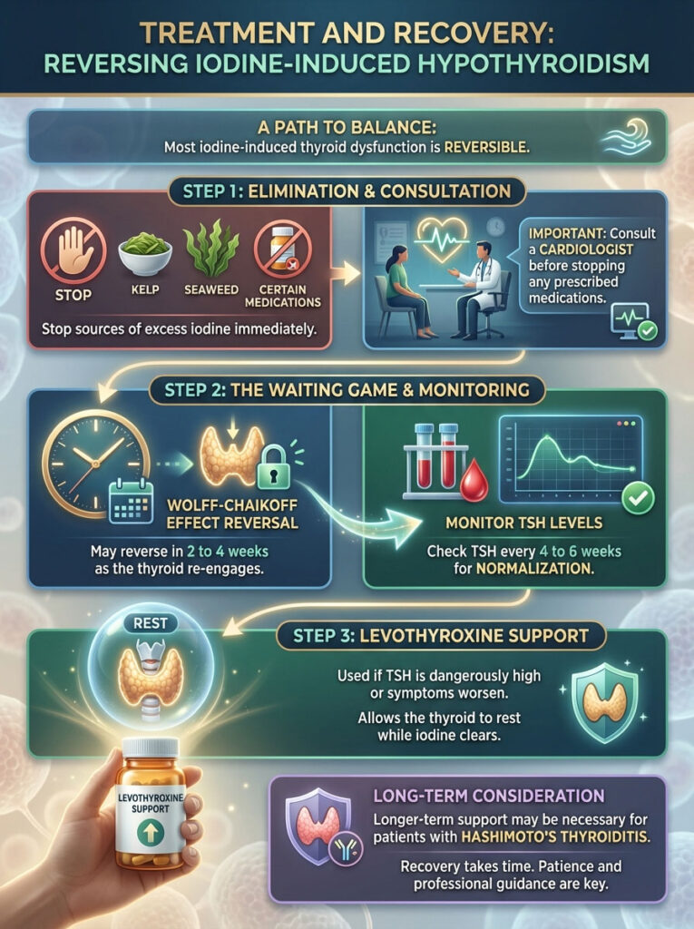 Infographic detailing treatment steps for reversing iodine-induced hypothyroidism with icons and text instructions.