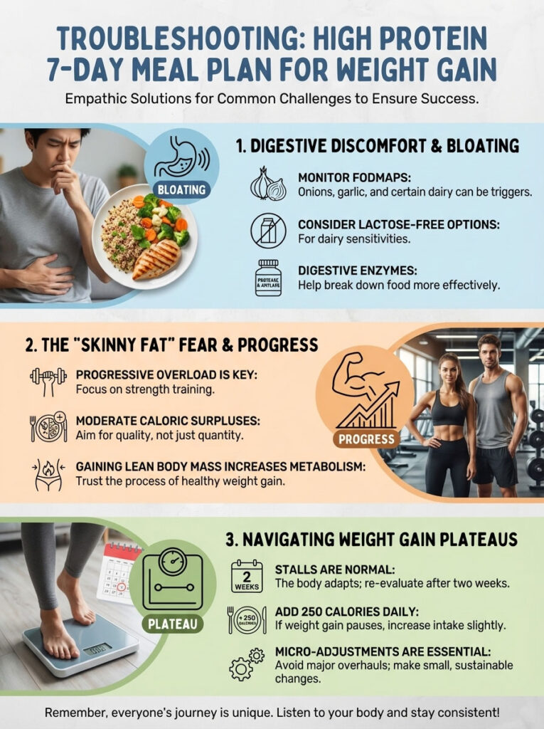 Infographic on a 7-day high protein meal plan addressing bloating, progress, and weight gain plateaus.