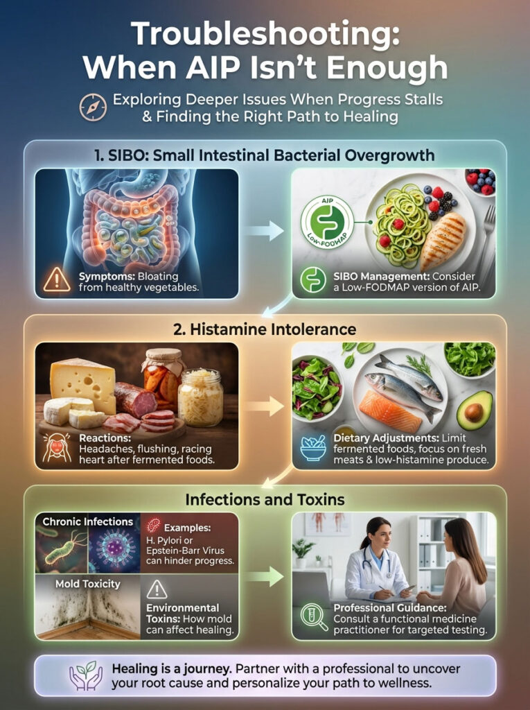 Infographic detailing troubleshooting for AIP, covering SIBO, histamine intolerance, infections, and toxins with visuals and text.