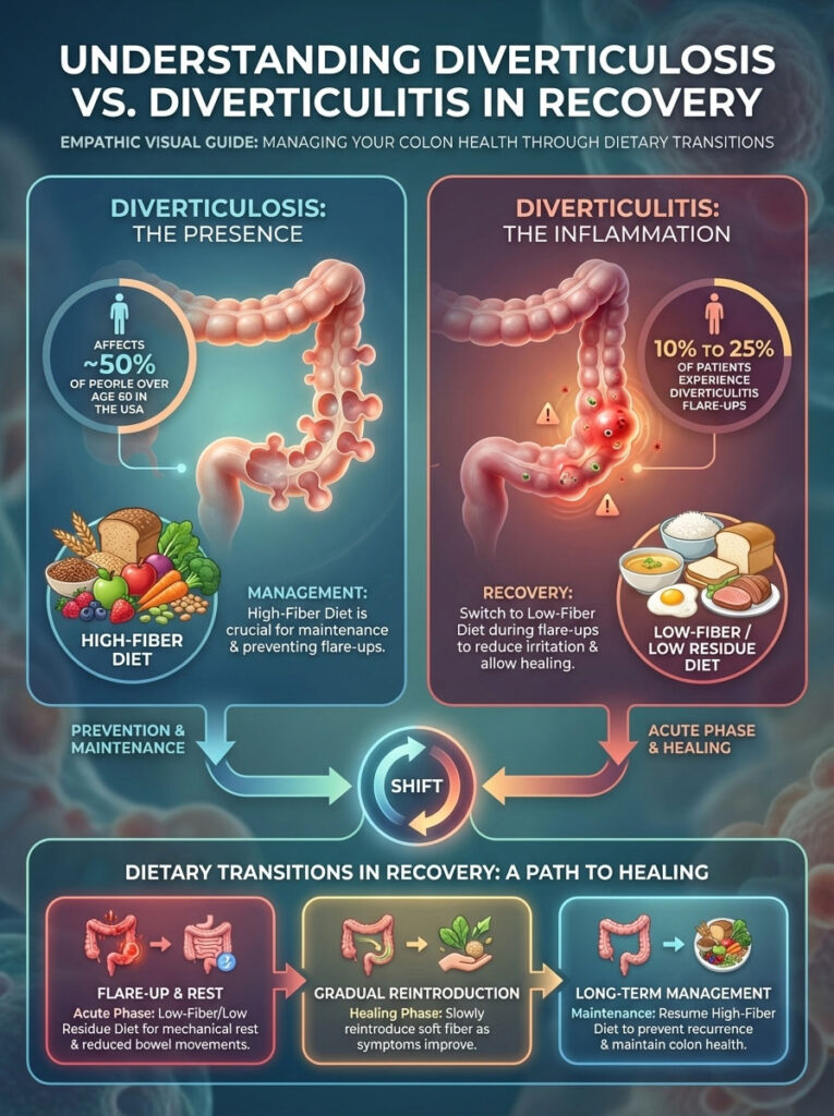 Infographic comparing diverticulosis and diverticulitis, highlighting dietary management and recovery phases.