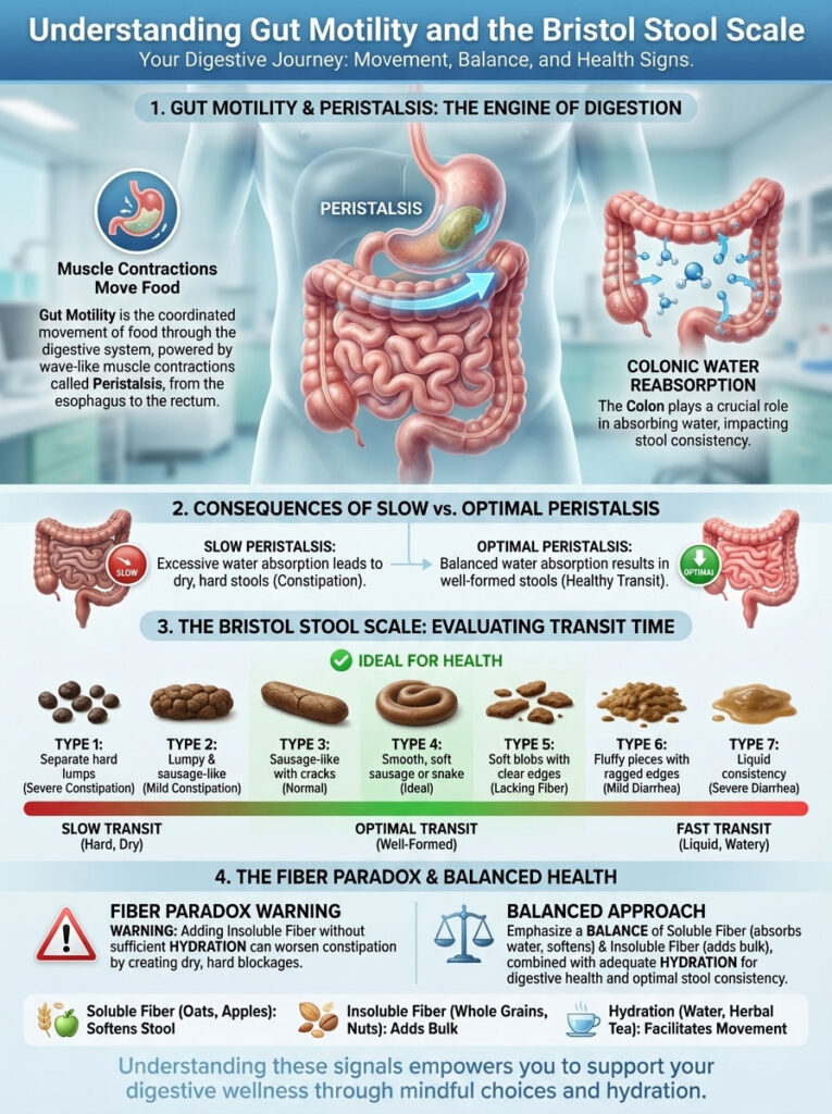 Infographic explaining gut motility, peristalsis, and the Bristol Stool Scale with illustrations and data points.