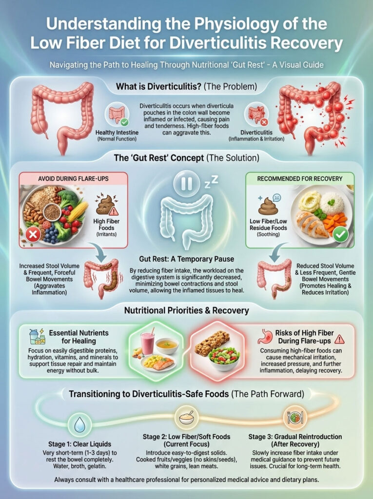 Infographic explaining low fiber diet for diverticulitis recovery, featuring diagrams, food recommendations, and stages of healing.