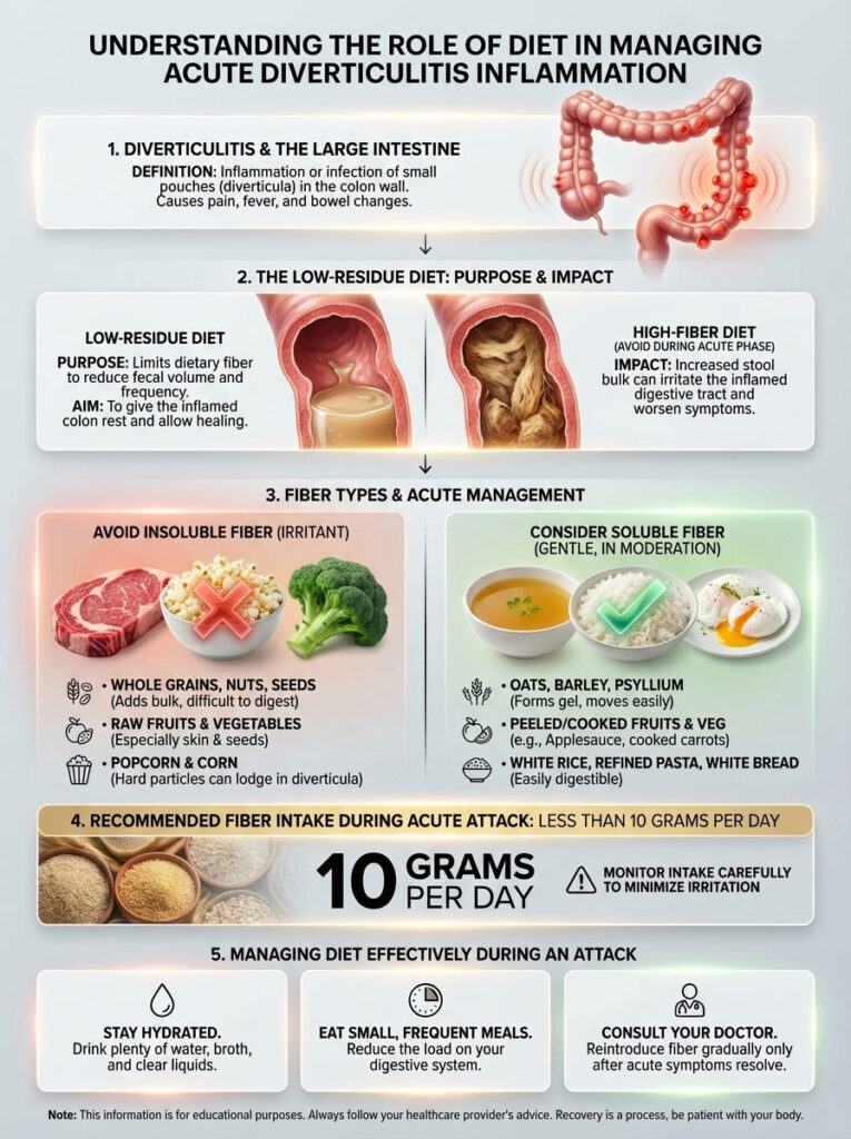 Infographic explaining diet management for acute diverticulitis, detailing low-residue diet and fiber types.