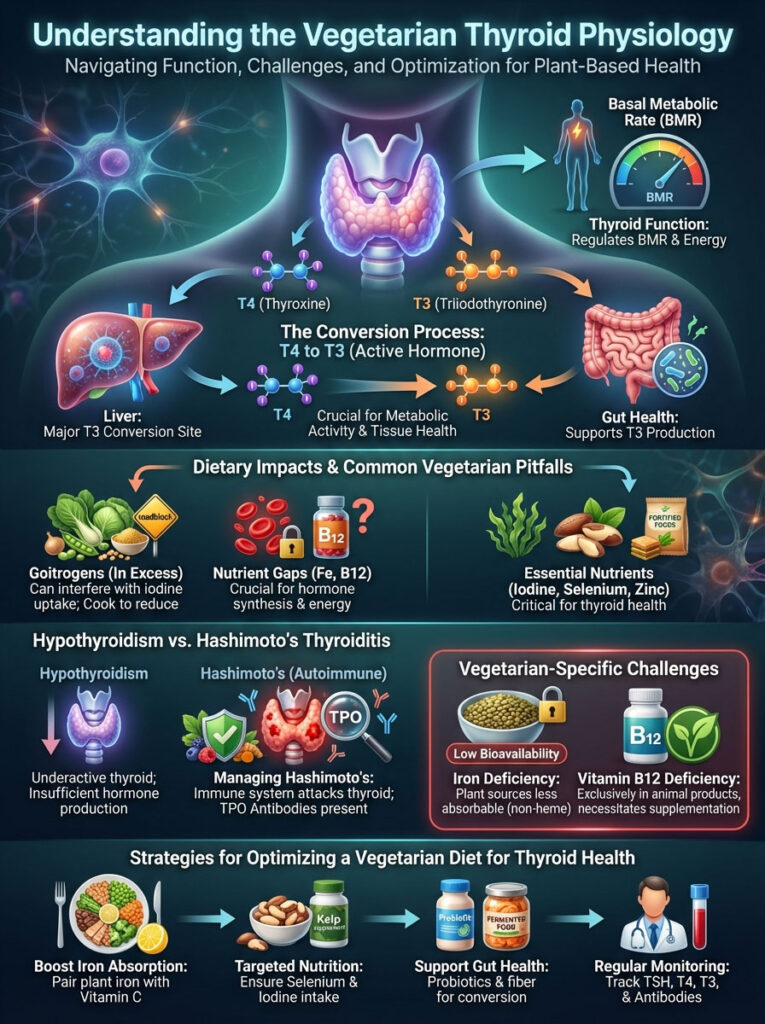 Infographic explaining vegetarian thyroid physiology, including T4 and T3 hormones, dietary impacts, and optimization strategies.