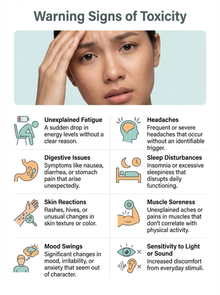 Infographic showing warning signs of toxicity with icons and descriptions for fatigue, headaches, and more.
