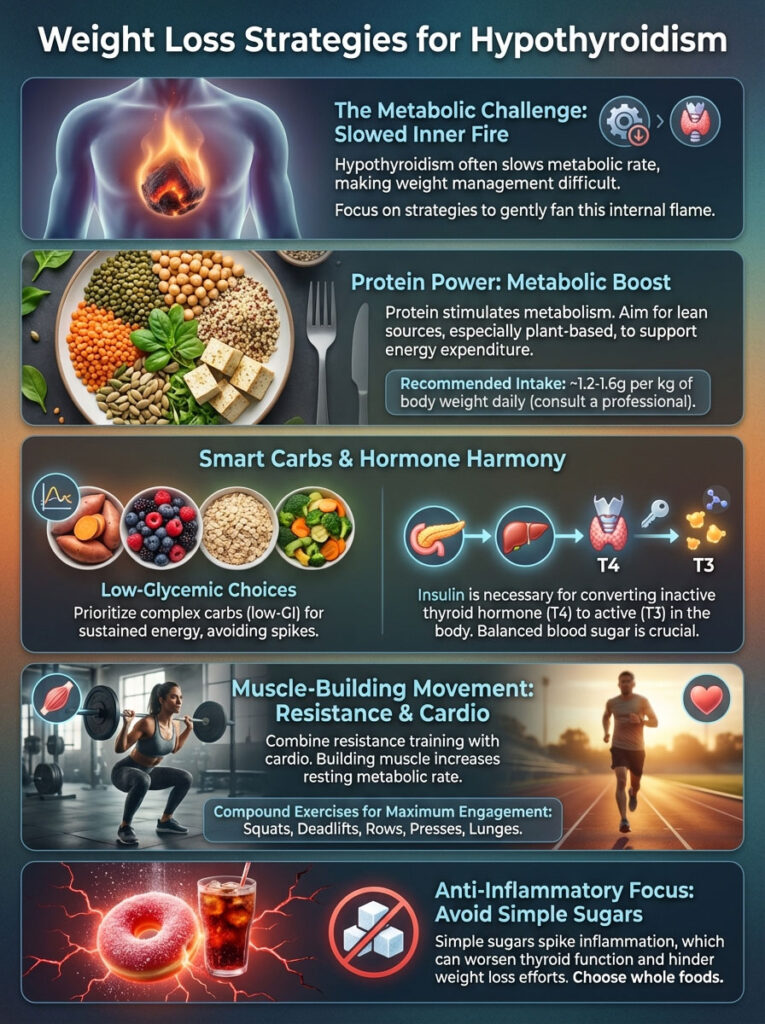 Infographic detailing weight loss strategies for hypothyroidism, including protein sources and exercise tips.