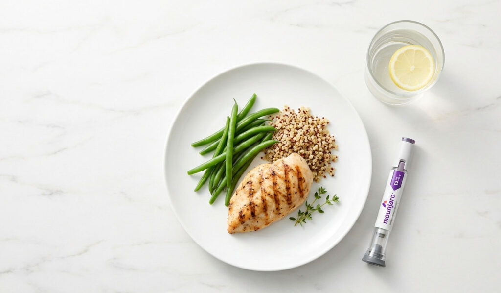 Grilled chicken breast with green beans, quinoa, and a glass of water with lemon on a white plate.