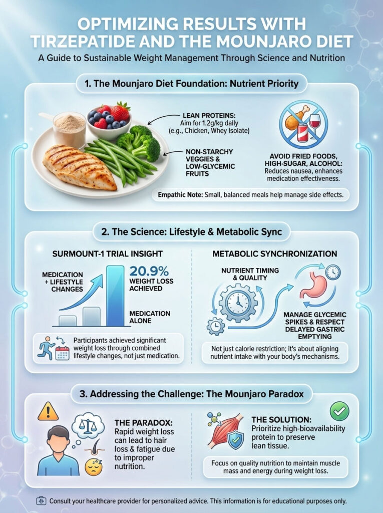 Infographic detailing Tirzepatide and the Mounjaro Diet for weight management, featuring food images, charts, and key insights.