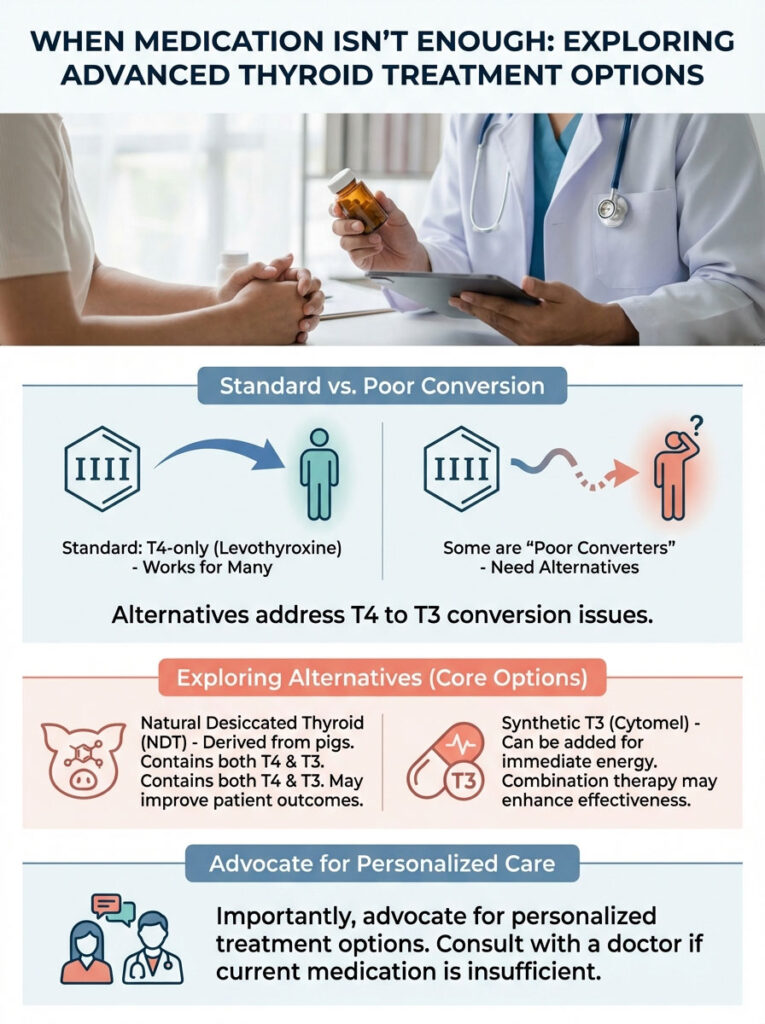 Infographic showing advanced thyroid treatment options, including standard vs. poor conversion and alternatives.