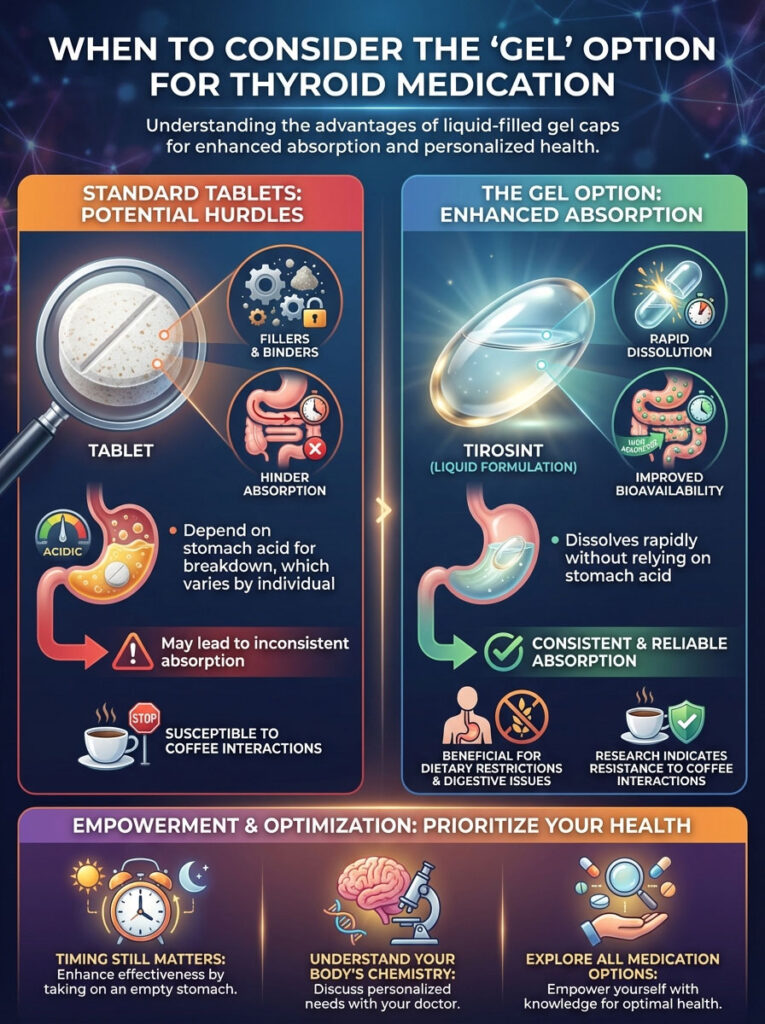 Infographic comparing standard tablets and gel options for thyroid medication absorption, highlighting benefits of Tirosint.