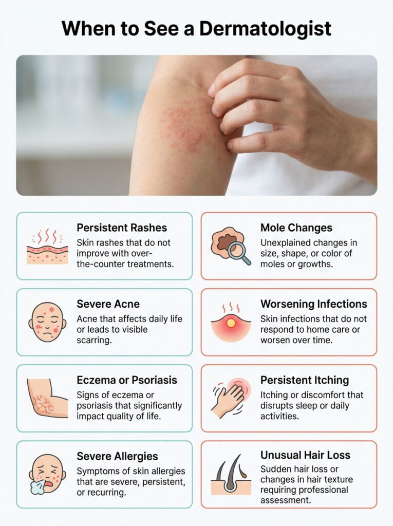 Infographic detailing when to see a dermatologist with symptoms and illustrations for each condition.
