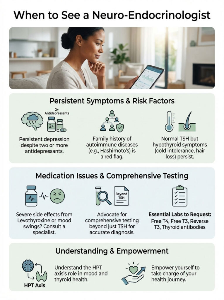 Infographic detailing when to see a neuro-endocrinologist, highlighting symptoms, testing, and empowerment.