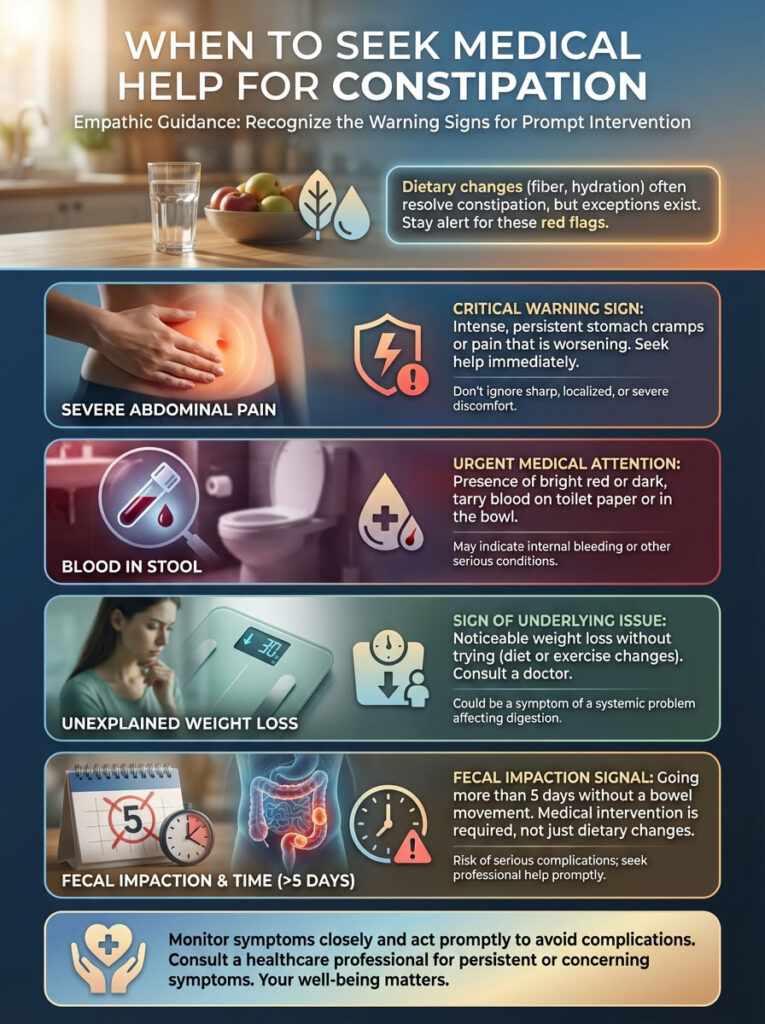 Infographic detailing warning signs for seeking medical help for constipation, including symptoms and advice.