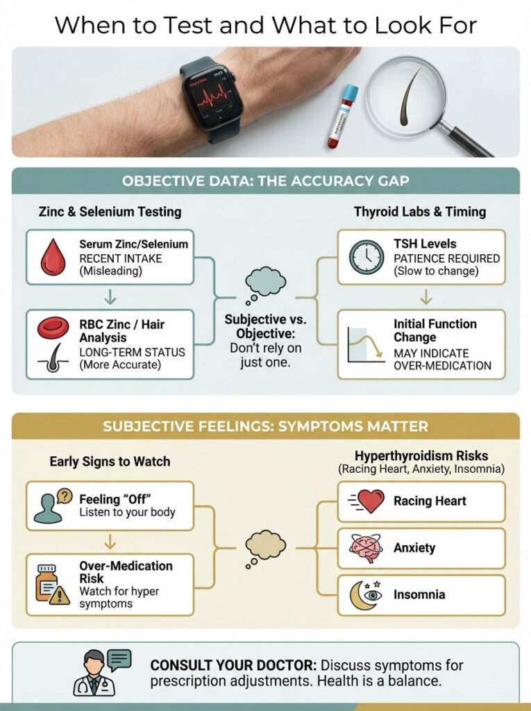 Infographic detailing testing for zinc, selenium, and thyroid levels with symptoms of hyperthyroidism risks.