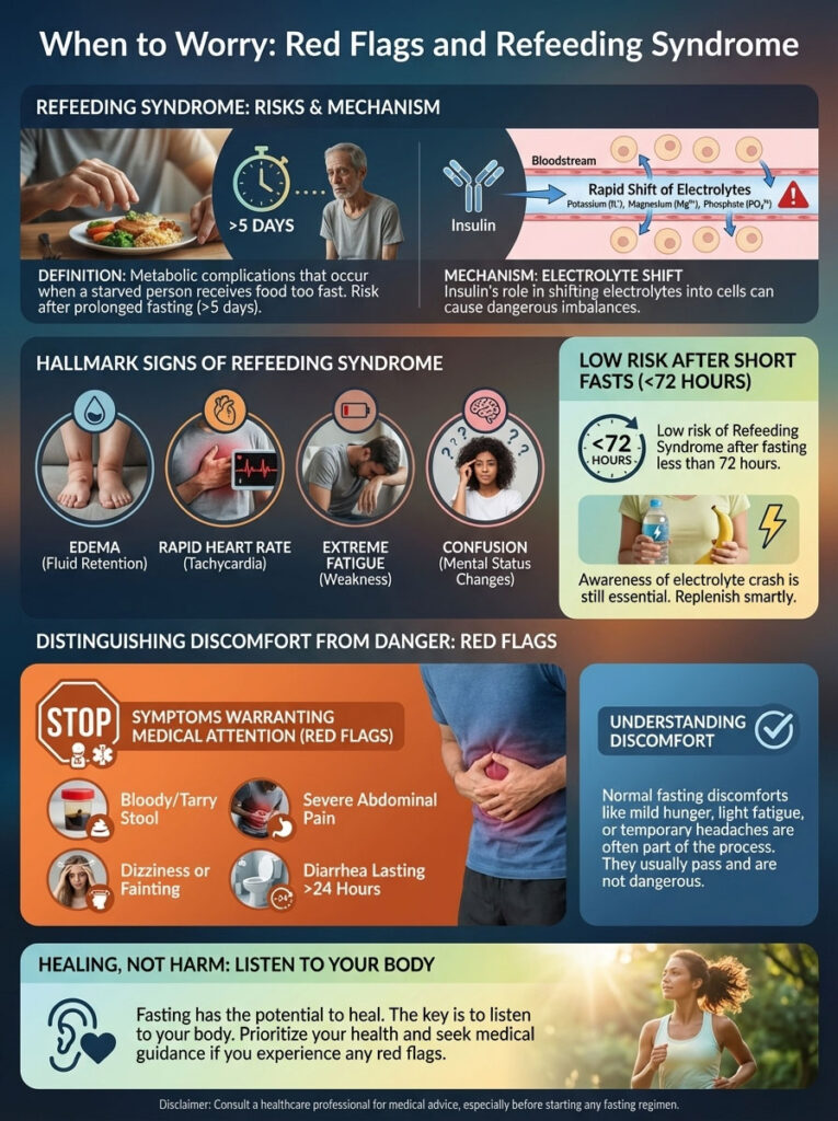 Infographic explaining refeeding syndrome, its risks, signs, and red flags for medical attention.