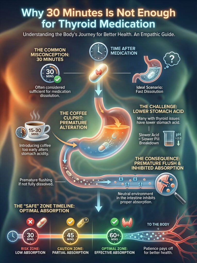 Infographic explaining thyroid medication absorption, featuring timelines, coffee impact, and absorption zones.