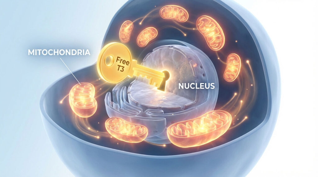 A digital illustration of a cell showing the nucleus and mitochondria with a key labeled Free T3.