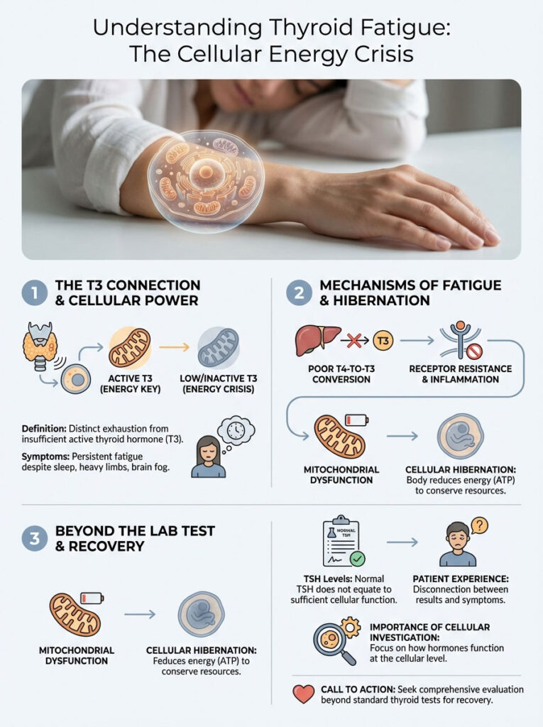 Infographic explaining thyroid fatigue, showing T3 connection, fatigue mechanisms, and recovery steps with illustrations.