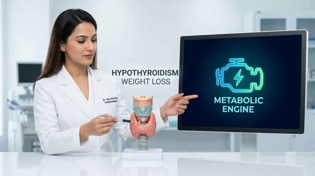 A doctor explains hypothyroidism and weight loss using a thyroid model and a digital screen displaying a metabolic engine.