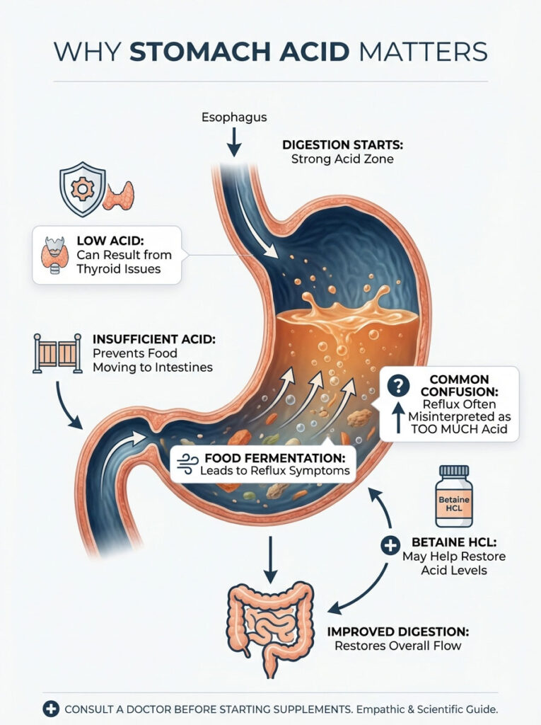 Infographic explaining stomach acid's role in digestion, featuring labels and illustrations of the digestive system.