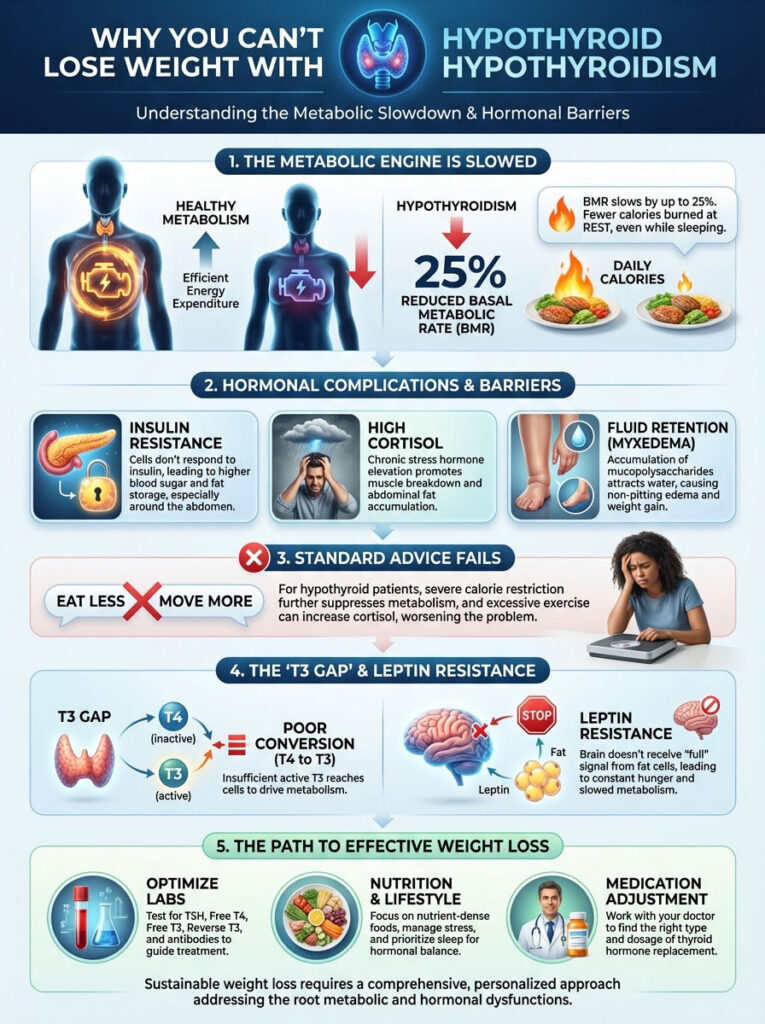 Infographic explaining hypothyroidism's impact on weight loss, featuring charts, icons, and key data points on metabolism and hormones.