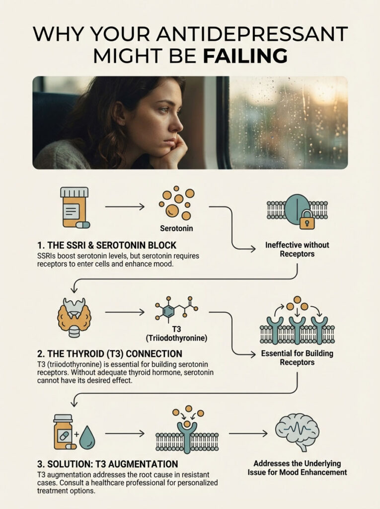 Infographic explaining why antidepressants may fail, featuring serotonin, thyroid connection, and T3 augmentation solutions.