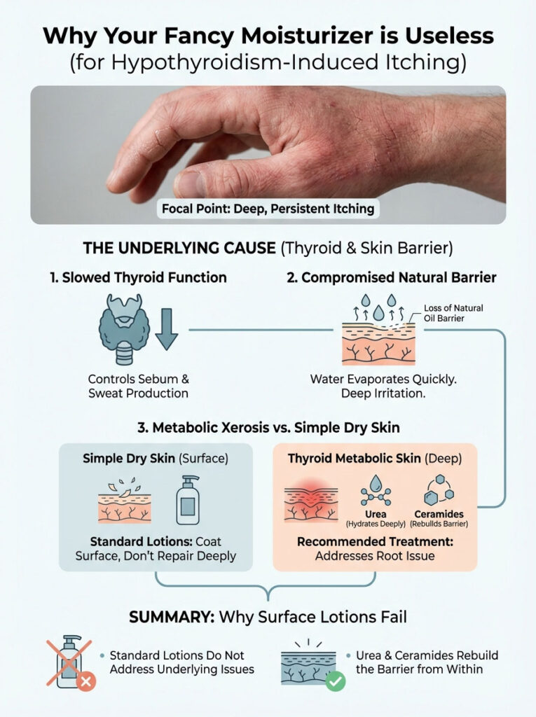 Infographic explaining why moisturizers fail for hypothyroidism-induced itching, detailing causes and treatments.