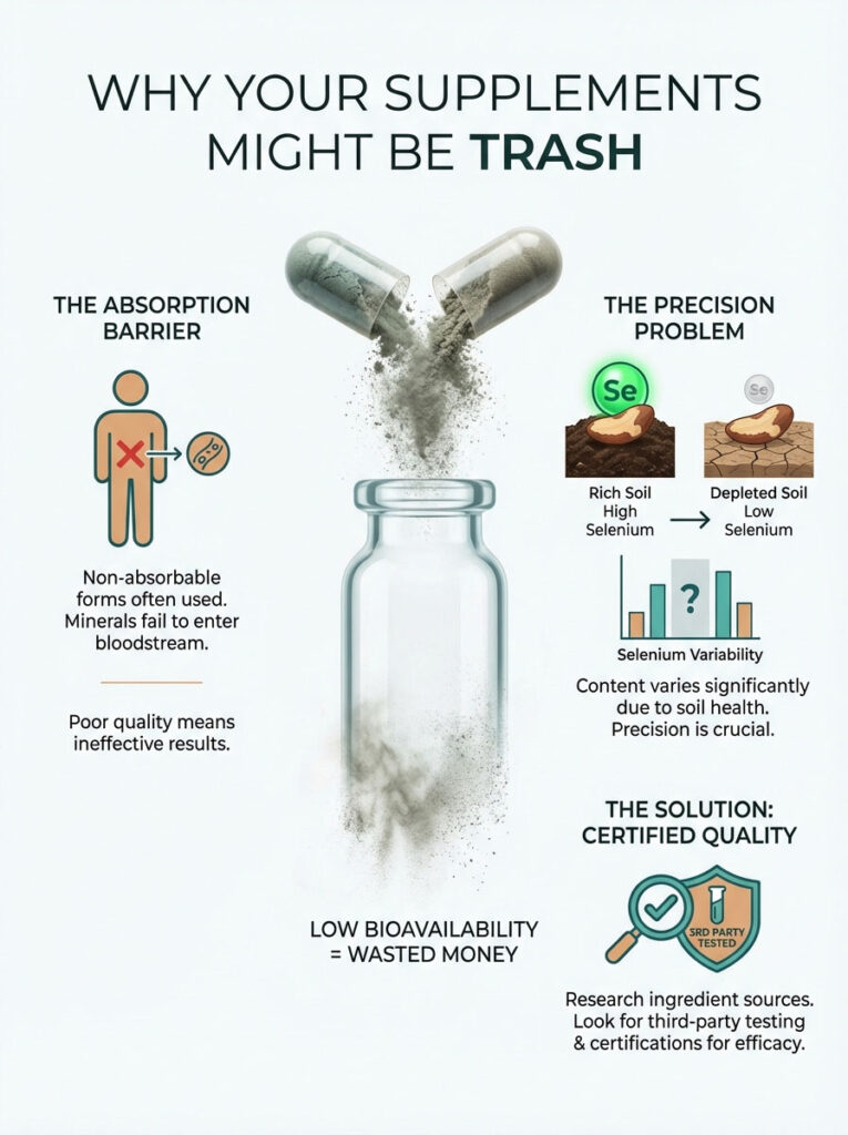 Infographic explaining supplement absorption issues, featuring capsules, a glass jar, and soil health statistics.