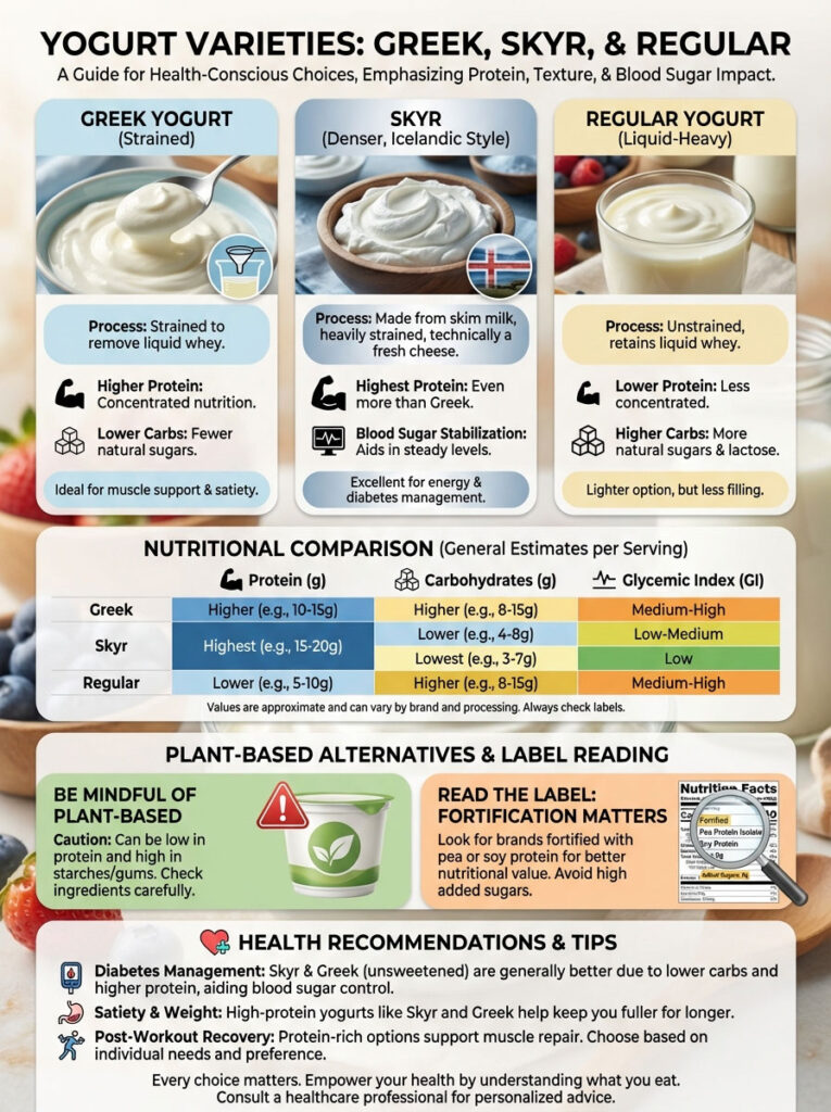 Infographic comparing Greek, Skyr, and regular yogurt with nutritional data and health recommendations.