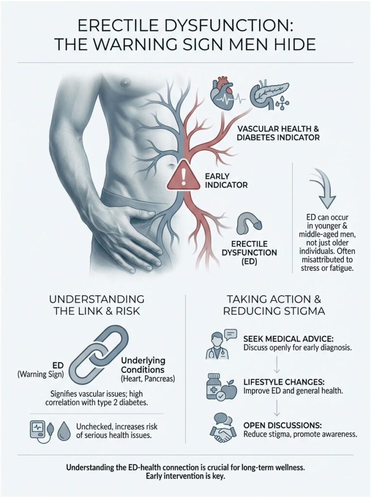 Infographic illustrating erectile dysfunction as a warning sign, with health indicators and action steps for men.