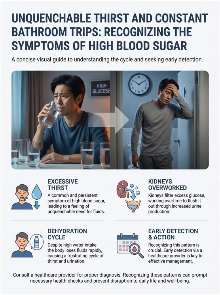 Infographic showing symptoms of high blood sugar, including excessive thirst and kidney overwork with illustrations.