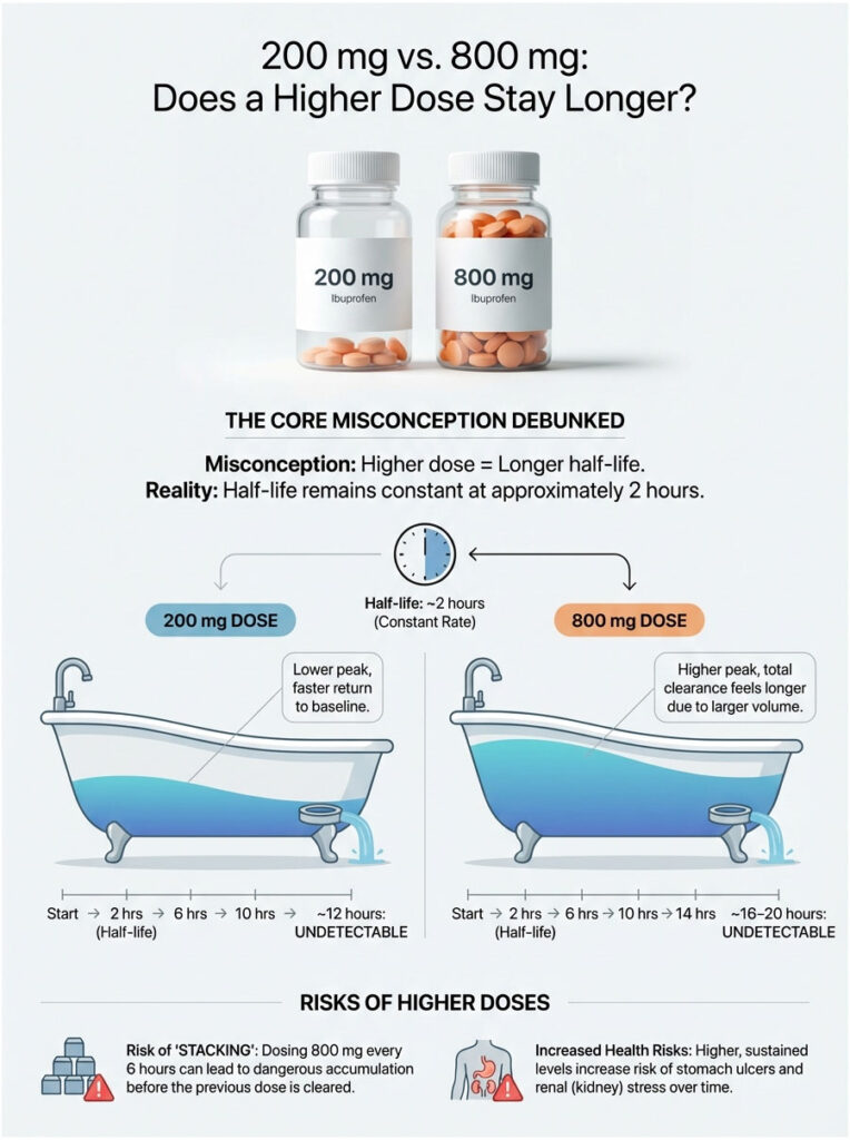 Infographic comparing 200 mg and 800 mg ibuprofen doses, illustrating half-life and health risks with visuals of bathtubs.