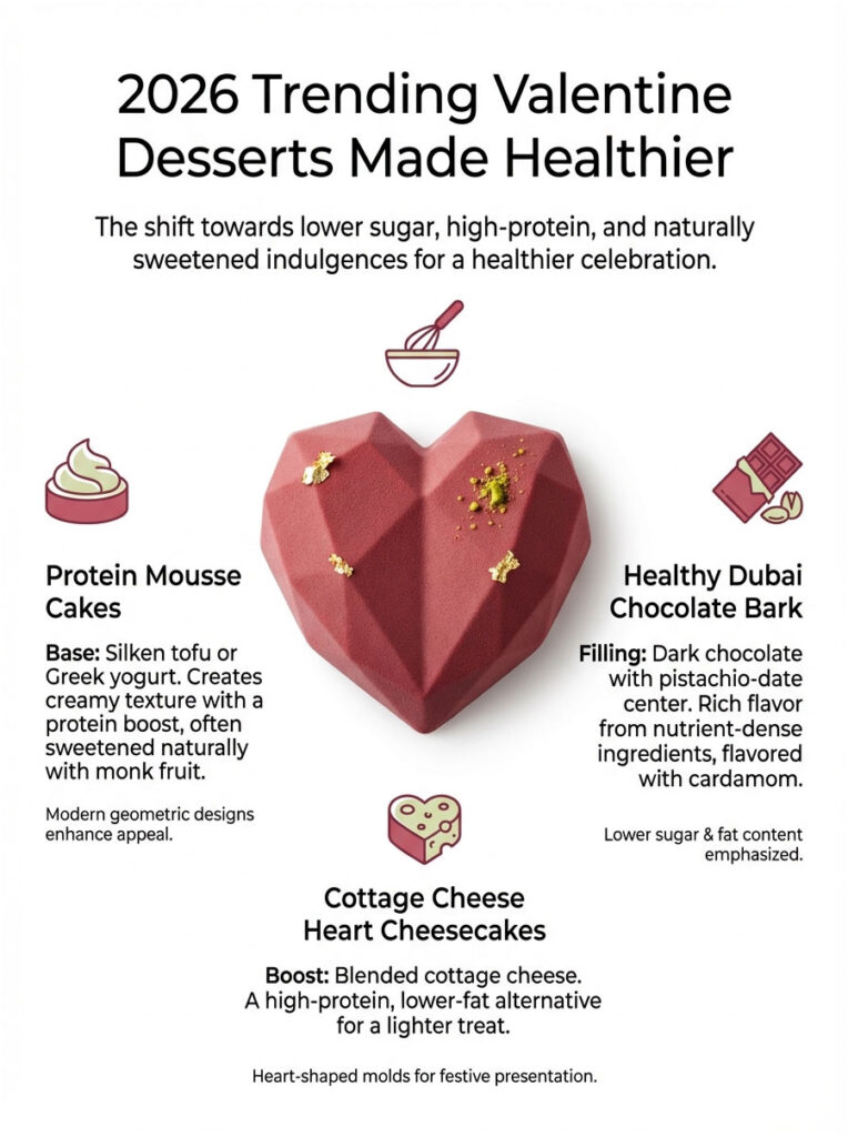 Infographic showing 2026 trending healthy Valentine desserts with images of heart-shaped treats and ingredients.