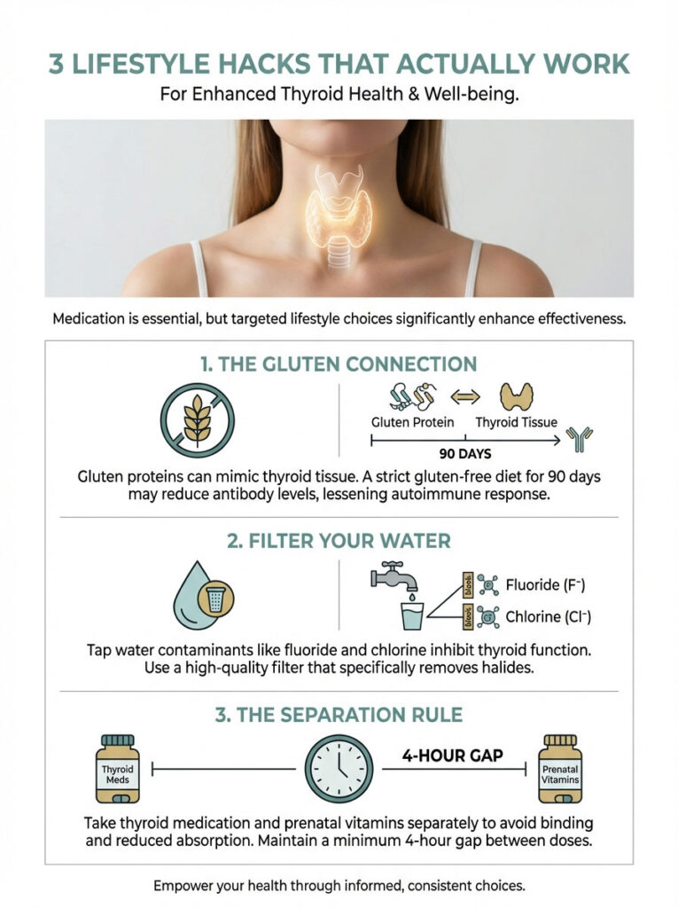 Infographic detailing three lifestyle hacks for thyroid health, including gluten connection, water filtration, and medication timing.
