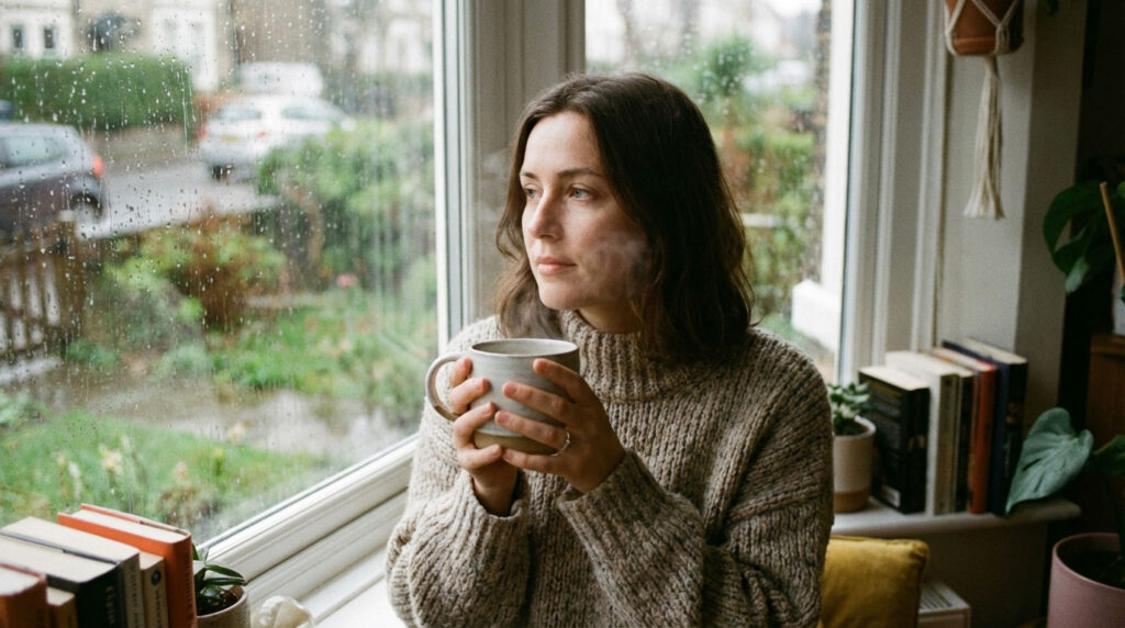 A woman in a cozy sweater holds a steaming mug by a rain-streaked window, surrounded by plants and books.