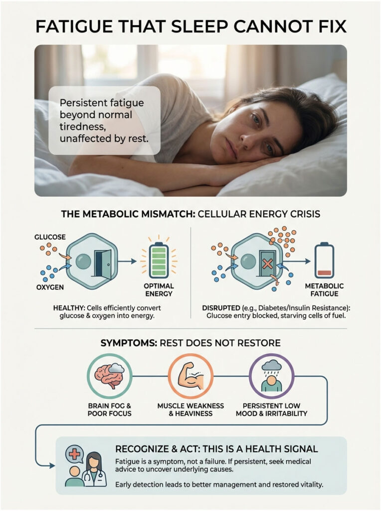A woman in bed looks fatigued. Text discusses metabolic mismatch and symptoms of fatigue. Infographic.